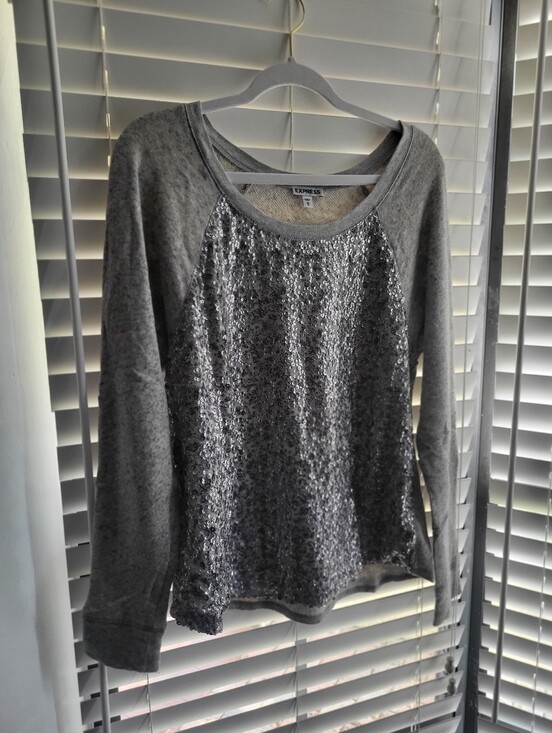 Express Tops - Express Gray Sequin Raglan Sweatshirt